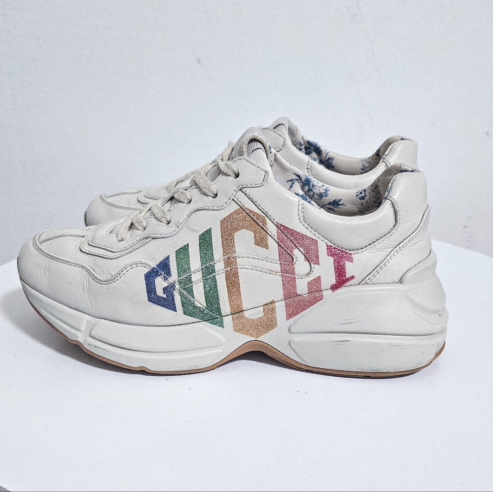 Gucci Rhyton cream chunky rainbow glitter logo casual sneakers size 36.5 - Picture 7 of 11